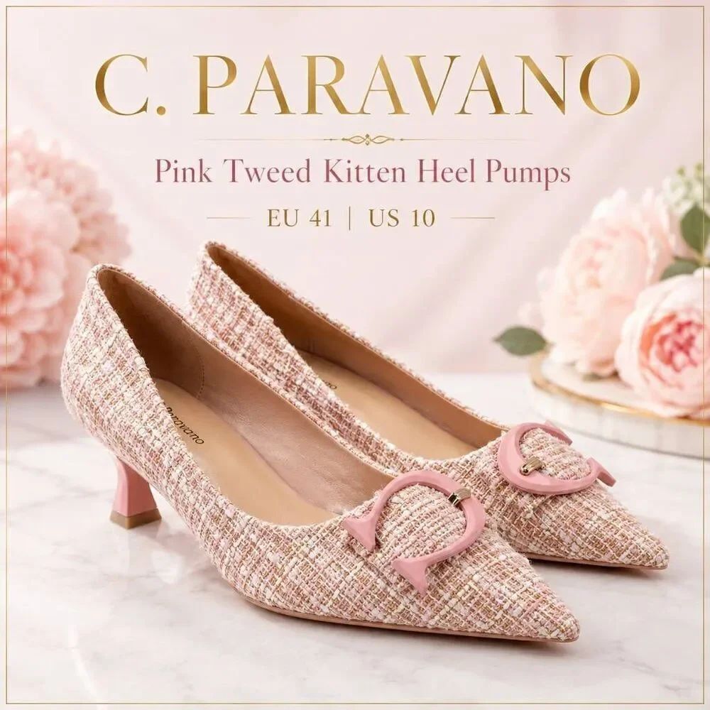 NIB C. Paravano Pink Tweed Kitten Heel Pumps Pointed Toe EU 41 US 10